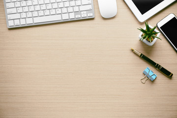 Sticker - Office tools on wooden background