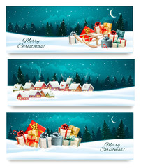 Leinwandbilder - Three Christmas festive banners with landscapes and gift boxes.