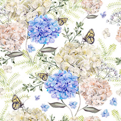 Wall Mural - Beautiful watercolor pattern with  hydrangea flowers, wildflowers.  Illustrations.