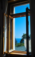  View from the open window on the sea landscape