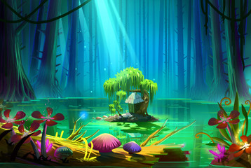 Wall Mural - Who Lives there in the Middle of the Lake inside the Deep Forest. Video Game's Digital CG Artwork, Concept Illustration, Realistic Cartoon Style Background
