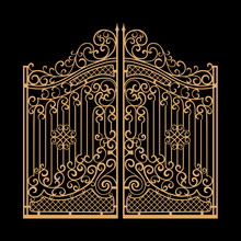 Decorated Steel Gates Vector Illustration. Golden On Black Background