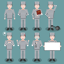 Collection Of Vector Cartoon Prisoner Character In Different Emotions And Situations. Concept Of Law And Justice.