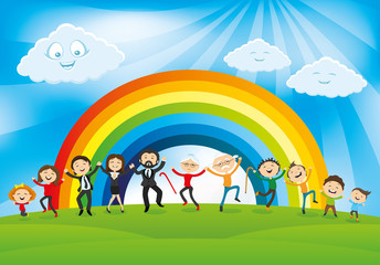 Wall Mural - Rainbow and clouds in the blue sky and people jumping.