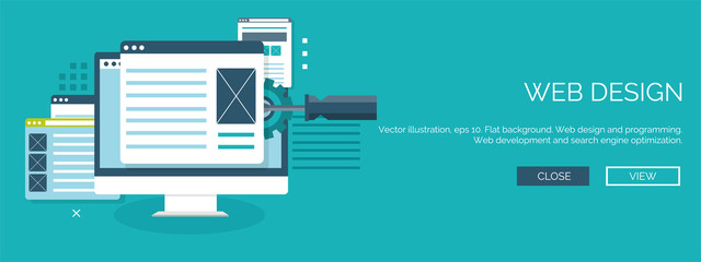 Vector illustration. Flat background. Coding, programming. SEO. Search engine optimization. App development, creation. Software, program code. Web design.