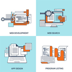 vector illustration. flat background. coding, programming. seo. search engine optimization. app deve