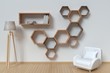 The living room is designed with a sofa and Shelf hexagonal,3D rendering