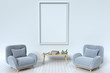 Within the have picture frame and fabric sofa with pillows on a white background wall,3D rendering