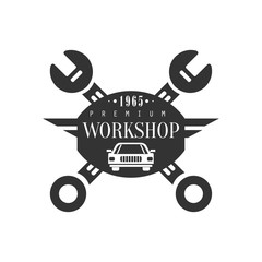 Sticker - Repair Workshop Black And White Label Design Template With Crossed Wrenches And Car Silhouette