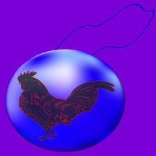 Blue Christmas Ball. Purple Background. Fiery Silhouette Cock. Decoration. Vector Illustration