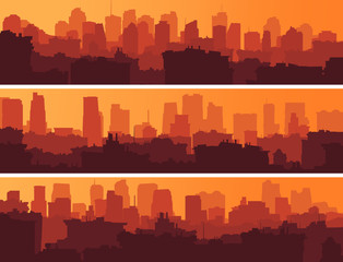 Wall Mural - Set of banners with big city at sunset.