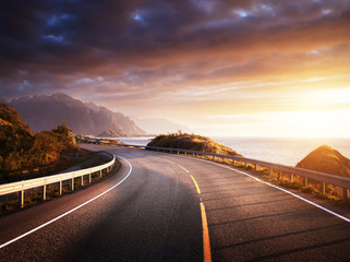 Wall Mural - oad by the sea in sunrise time, lofoten island, norway
