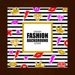 Wall Mural - trendy cover background. fashion patch badges with lips, crowns, diamond and other elements with ret