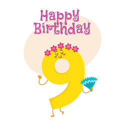 Wall Mural - Happy birthday vector greeting card, poster, banner design with cute and funny nine number characters. nine smiling characters, happy birthday greeting card template