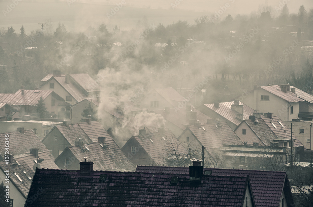 Dym nad miastem - obrazy, fototapety, plakaty 