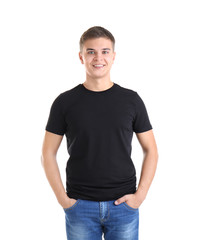 Wall Mural - Handsome young man in blank black t-shirt on white background