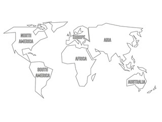 Canvas Print - Simplified black outline of world map divided to six continents with labels. Simple flat vector illustration on white background.