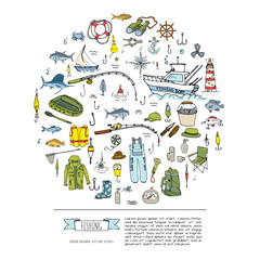  Hand drawn doodle Fishing icons set Vector illustration fishing equipment elements collection Cartoon fishing concept Fishing rod Baits Spinning Fishing lure Fish Fishing boat Lighthouse Fishing cloth