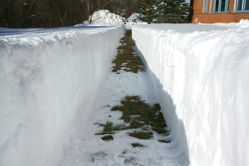 Wall Mural - walking path beside building with snow removal after blizzard