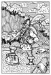 Dwarf fighting goblin. Engraved fantasy illustration