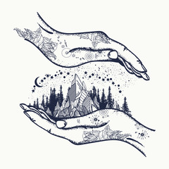 Wall Mural - Mountains in hands, tattoo. Symbol of travel, tourism