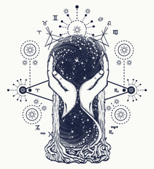 space hourglasses tattoo, concept of time. symbol astrology