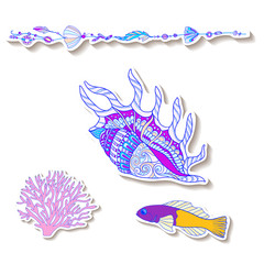 Fashion patch set, badges with fish, shells, corals. This illust