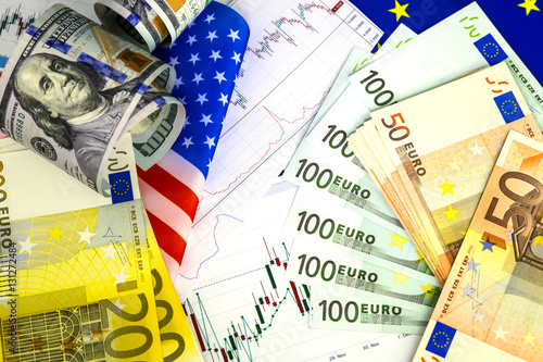 Concept Of Currency Trading Roll Hundred Us Dollar Bills Piles Roll Of Hundred Us Dollar Bills Piles Euro Currency Eur Exchange Chart Under The 200 100 Fan Shaped