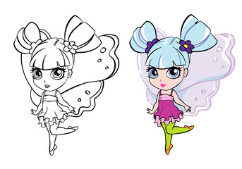 vector colourful elf fairy girl with coloring page