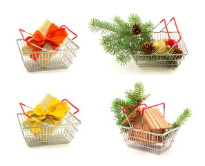 Set of metal baskets with New Year and Christmas gifts, twigs, g