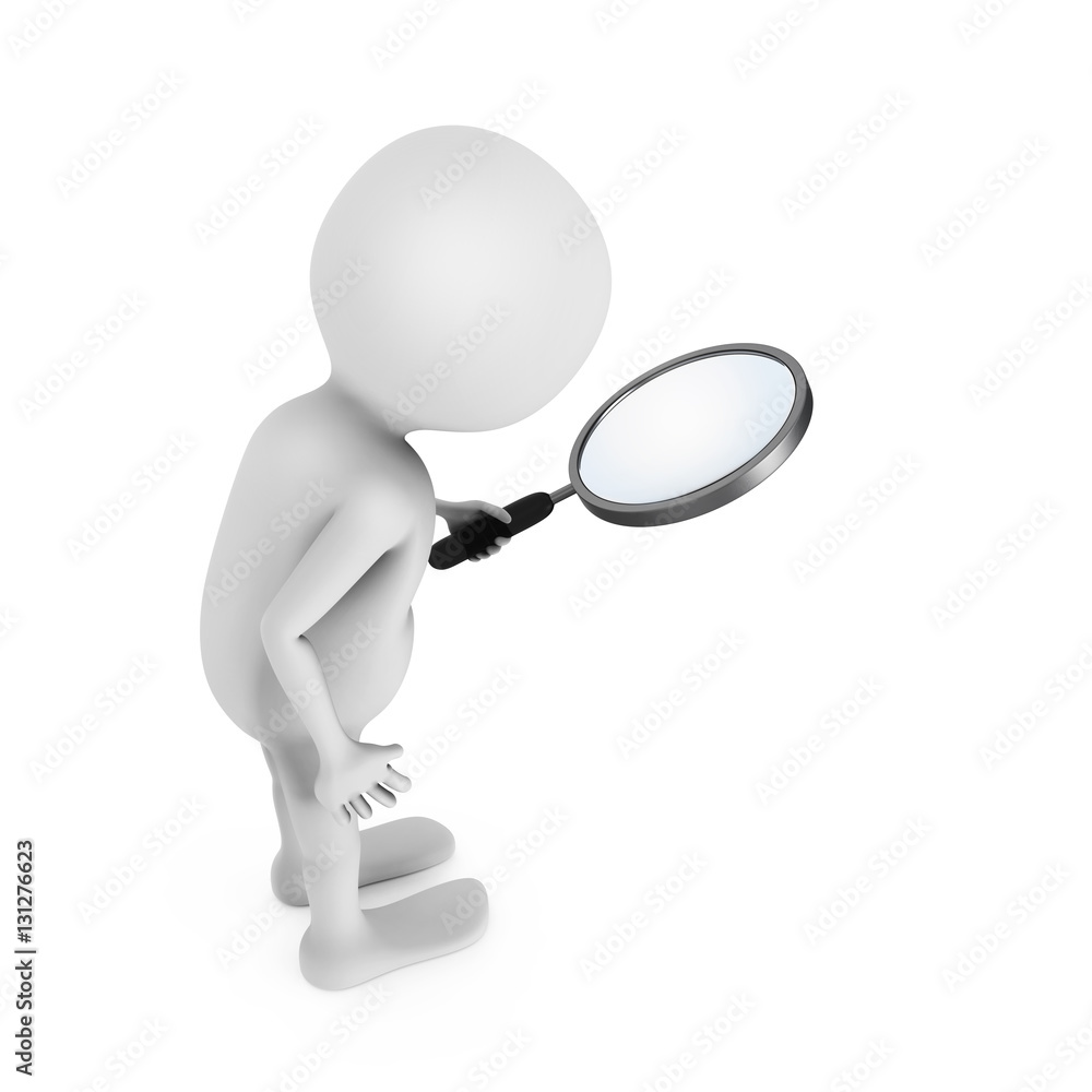 3D white man looking through the magnifying glass.