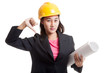 © halfbottle - Asian engineer woman thumbs down with blueprints.
