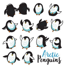 Set With Funny Hand Drawn Penguins