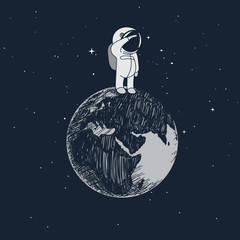 Wall Mural - cartoon little astronaut standing on the earth