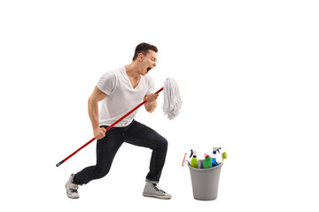 Poster - Young man singing on a mop