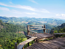 Wooden Seat At Viewpoint In Mae Hong Sorn Province, Northen Of Thailand