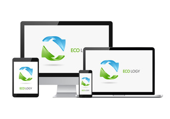 Set of realistic electronic devises with Eco recycling logotype. Set of computer monitor, laptop, smartphone and tablet.