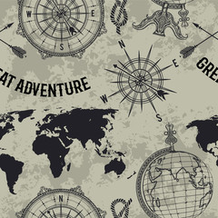  Seamless pattern with vintage globe, compass, world map and wind rose. Retro hand drawn vector illustration 