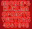 Glowing Orange Neon Alphabet with letters from A to Z and digits from 0 to 9 with wires, tubes, brackets and holders. Shining and glowing neon effect. Every letter or digit is separate unit.