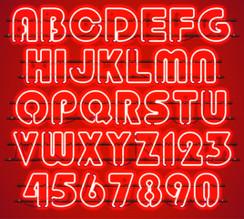 Wall Mural - Glowing Orange Neon Alphabet with letters from A to Z and digits from 0 to 9 with wires, tubes, brackets and holders. Shining and glowing neon effect. Every letter or digit is separate unit.