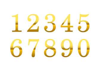 Wall Mural - Gold 3d metallic numbers set. Golden metal texture font, isolated on white background. Luxury type symbols. Elegant typography graphic. Bright royal style typeset decoration. Vector illustration