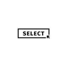 Isolated Black Word Select In Frame On White Background Logo. Website Element With Cursor Logotype. Choice Button Icon. Unusual Stamp Vector Illustration.