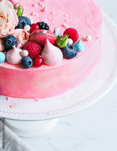 Close Up Wedding Cake With Flowers Macarons And Blueberries Buy