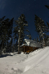 Wall Mural - Cabin house chalets in winter forest with snow in light moon and