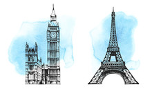 Big Ben (Elizabeth Tower), Eiffel Tower, World Landmark Vector Set On Hand Drawn Watercolor Background, Isolated On White
