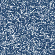 Abstract Waves Seamless Pattern, Vector Background. Stylized Sea Water Ornament, Blue Swirls And Patterns. Hand Drawing For Design Of Wallpaper, Fabric, Wrap
