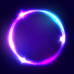 Wall Mural - neon sign. round frame with glowing and light. electric bright 3d circuit banner design on dark blue