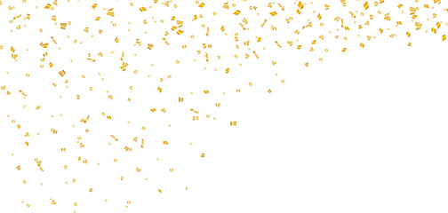 Wall Mural - Gold bright confetti on white Christmas background. Golden decoration glitter abstract design of Happy New Year card, greeting, Xmas holiday celebrate banner. Space effect. Vector illustration