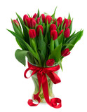 Fototapeta Tulipany - fresh red tulips with green leaves in vase isolated on white background