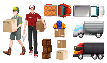 Canvas Print - Delivering service with deliveryman and trucks